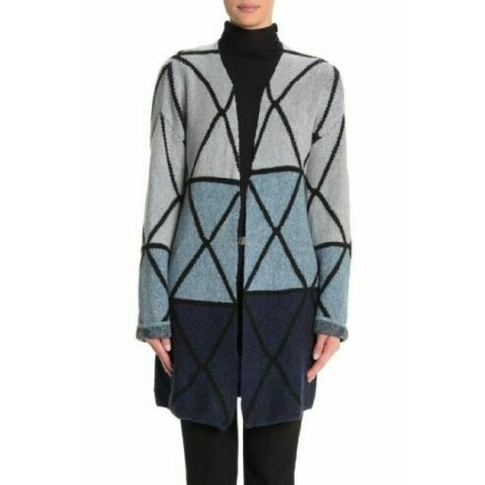 Joseph A Open Long Cardigan Sweater Top XS Ombre Grid Blue Multi NEW Tag $88 B78